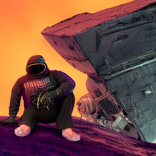 Image similar to photo of an overweight depressed teenager with emo haircut wearing gothy purple and black spandex suit, sitting next to smashed burning spacecraft wreckage, on the orange surface of mars, Trending on artstation, octane render, cinematic lighting, hyper realism, photorealistic, octane render, 8k, depth of field, 3D