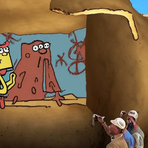 Prompt: archeologists react to cave paintings of SpongeBob SquarePants