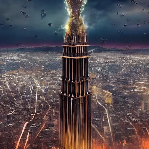 Prompt: Beautiful cinematic scene of a gigantic tower watching over a city, on top of a mountain, epic, megalophobia, cinematic lighting, insanely detailed, directed by Denis Villeneuve and Wes Anderson, filmic