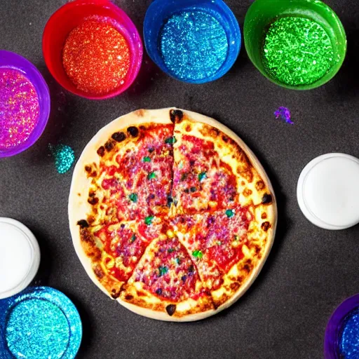 Prompt: pizza covered in rainbow glittery glitter