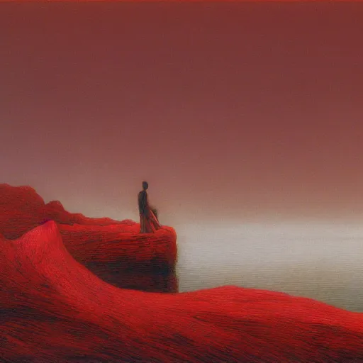 Image similar to landscape, shore of the lake, glowing red, by edgar maxence and ross tran, zdzisław beksinski, and michael whelan, distant, gustav dore, h. r. giger, 8 k, octane render