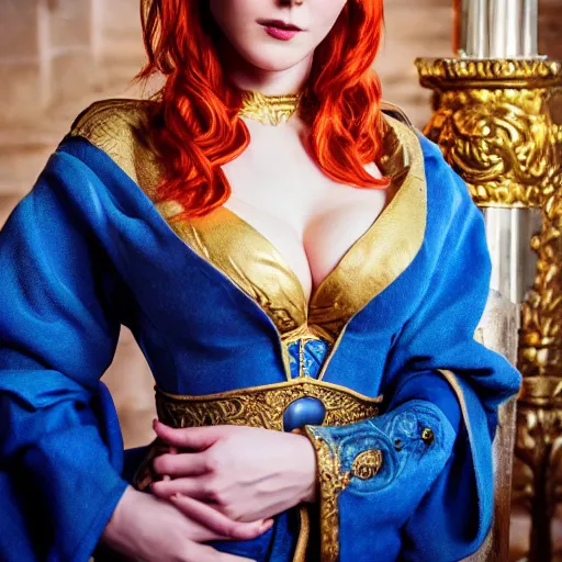 Image similar to Triss Merigold cosplay, beautiful ornate blue and gold robe, golden ornamental leaf shaped festoon, warmly lit posh study, cinematic dramatic lighting, gorgeous female model, unreal engine, cinematic film still, highly detailed