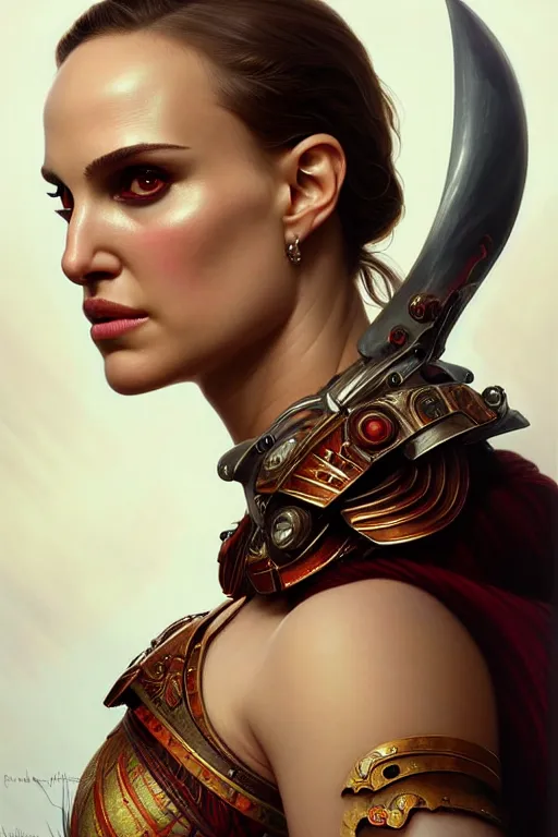 Image similar to symmetry!! portrait of natalie portman in the style of god of war, machine parts embedded into face, intricate, elegant, highly detailed, digital painting, artstation, concept art, smooth, sharp focus, illustration, art by artgerm and greg rutkowski and alphonse mucha, 8 k