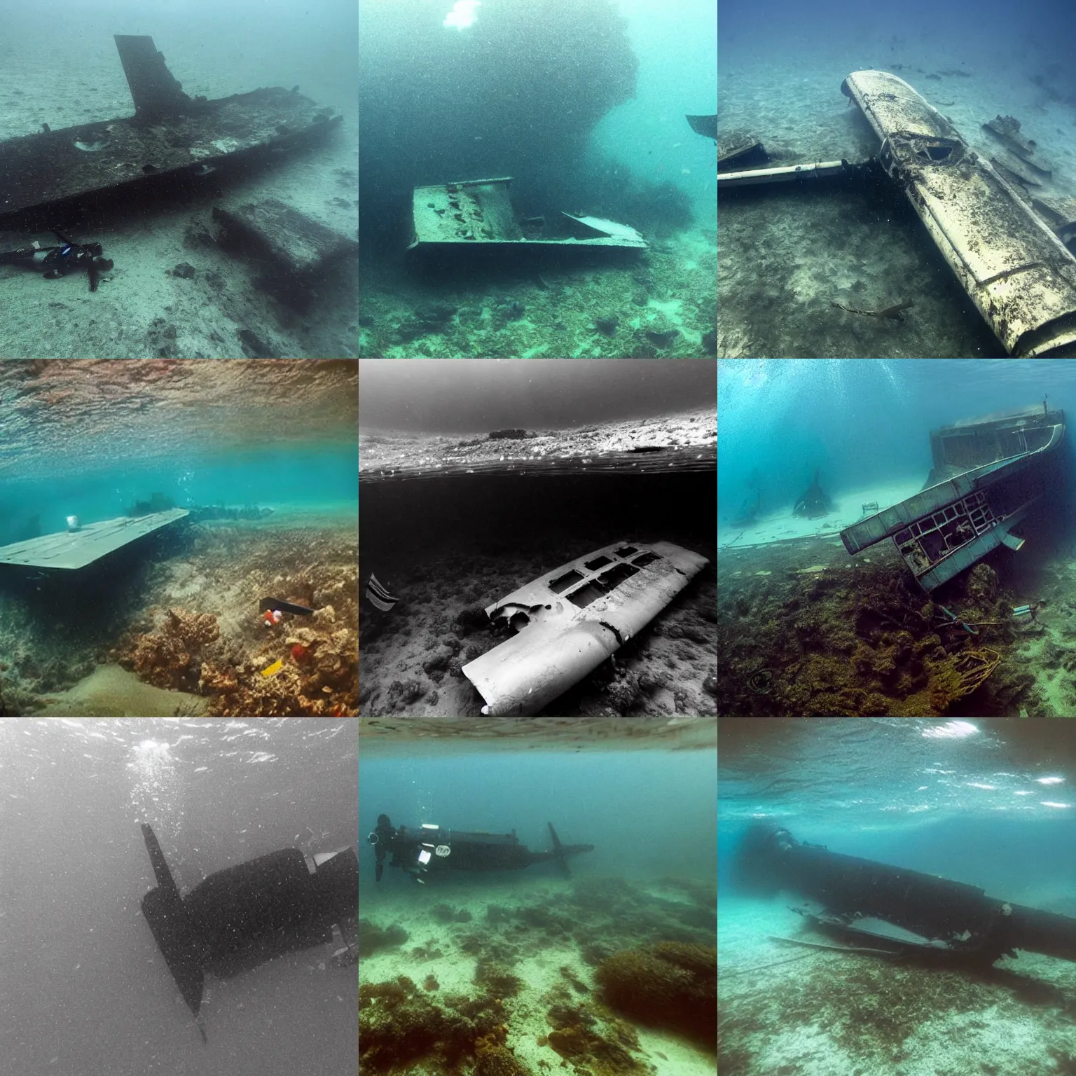 Prompt: underwater photo of crashed sunken plane