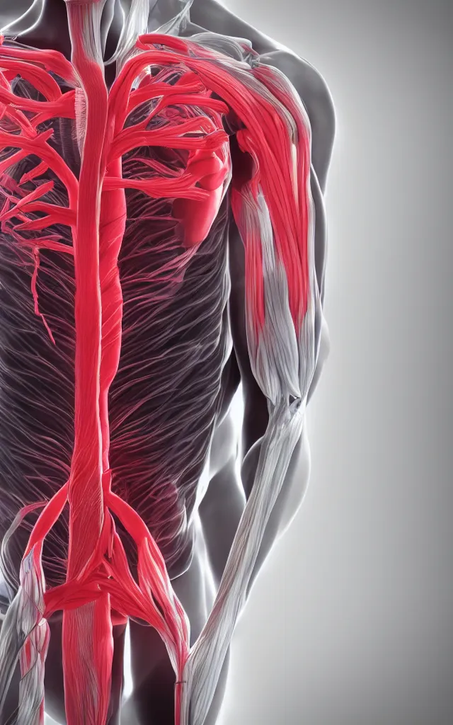 Image similar to intricated scientific medical 3d animation of the muscles and veins of a human with a heart in their hands photography 3d octane render over black black black background