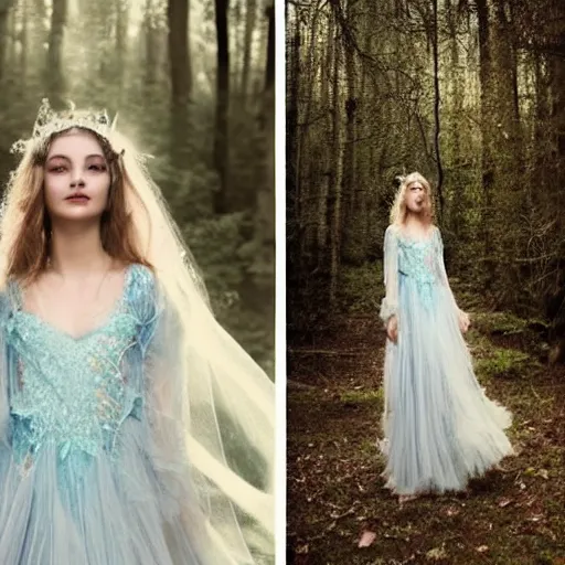 Prompt: A beautiful girl wearing Fairy dress with cream lace bodice with sleeves of sheer pale blue sequins photographed in a mystical magical ethereal forest, photograph in the style of Mario Testino