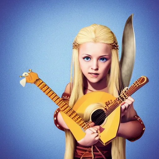 Prompt: realistic viking girl, blond hair, with guitar