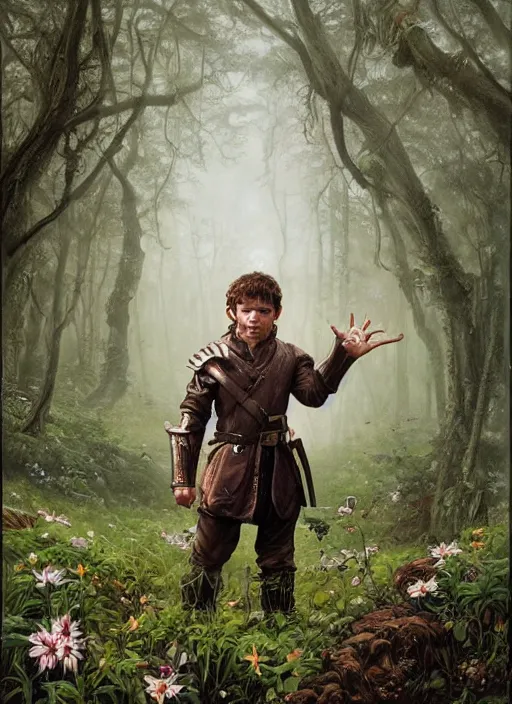 Image similar to a portrait painting of a grim fighter male hobbit wearing leather armor on a beautiful lush forest meadow, morning, art by Tristan Eaton, Stanley Artgerm, Tom Bagshaw, Greg Rutkowski, Carne Griffiths