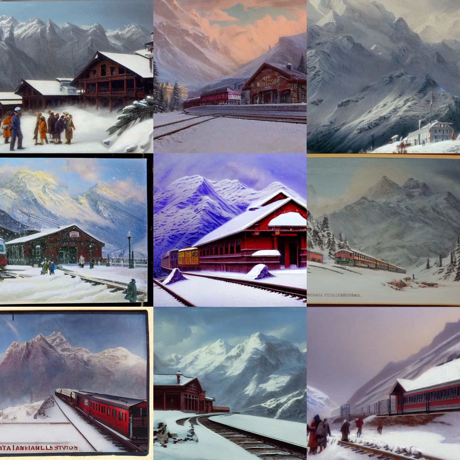 Prompt: a train station on a snow - capped mountain peak, blizzard, snow, wind, a detailed matte painting by samuel f. b. morse, trending on pexels, american scene painting, photo taken with ektachrome, creative commons attribution, matte painting