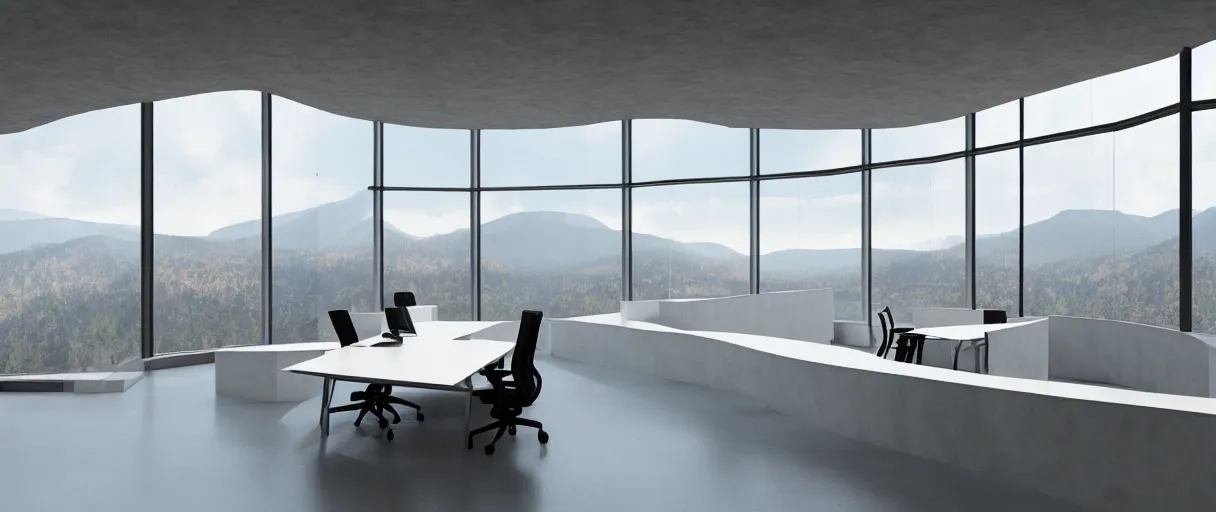 Image similar to large office on top of mountain, modern, well kept, bright, ethereal feel, volumetric lighting, godrays, warm light, high ceiling, table in the middle, office chair, couch, grand, curved windows around the wall, white concrete, plangs in wall, balcony outside, digital art, concept art, high detail,