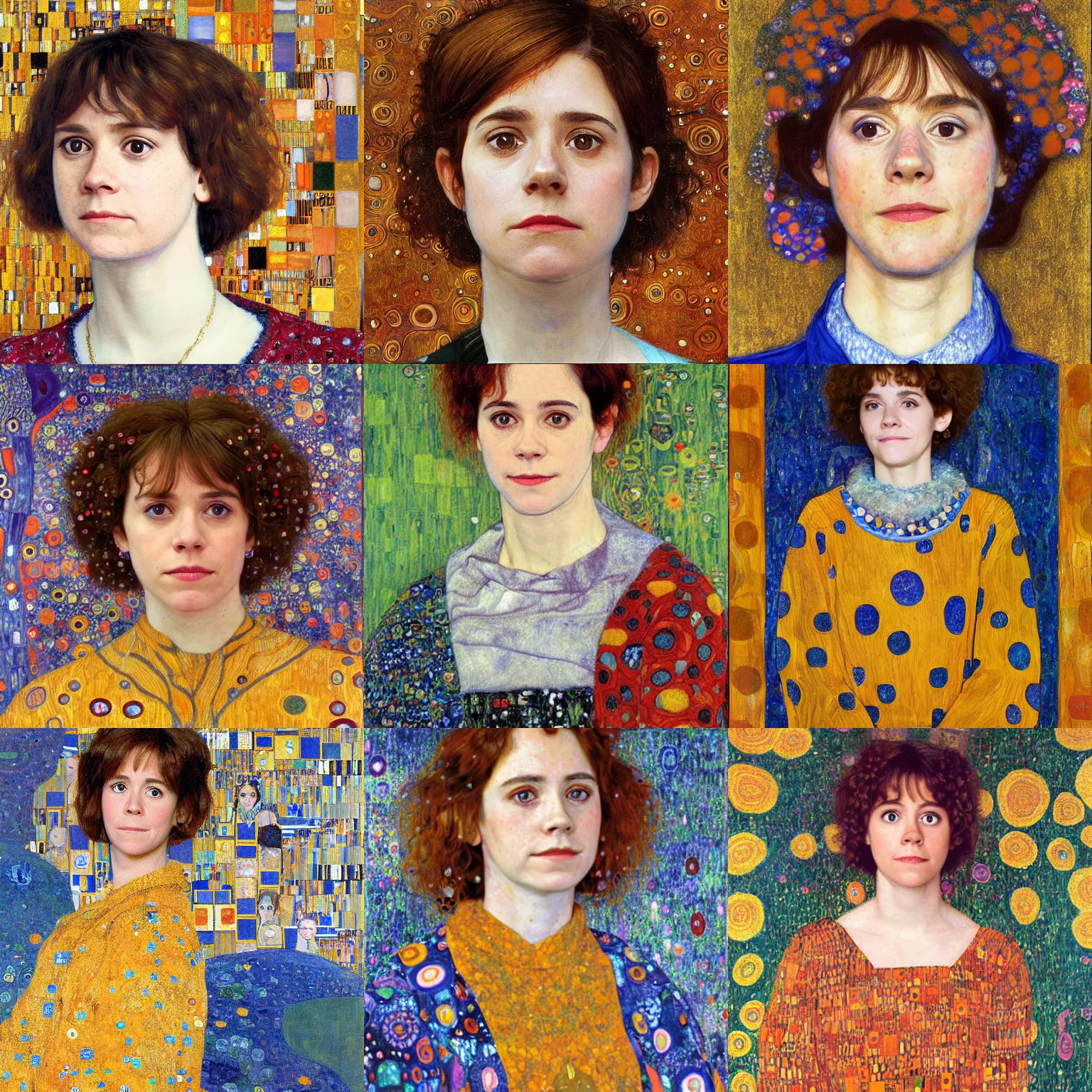 Prompt: a portrait of female asa Butterfield mixed with pam beesly, a slight smile by gustav klimt