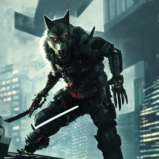 Image similar to cyberpunk wolfman holding a katana and jumping into action, tactical armor, action scene screenshot, scifi futuristic character concept, high quality gloss art, unreal engine