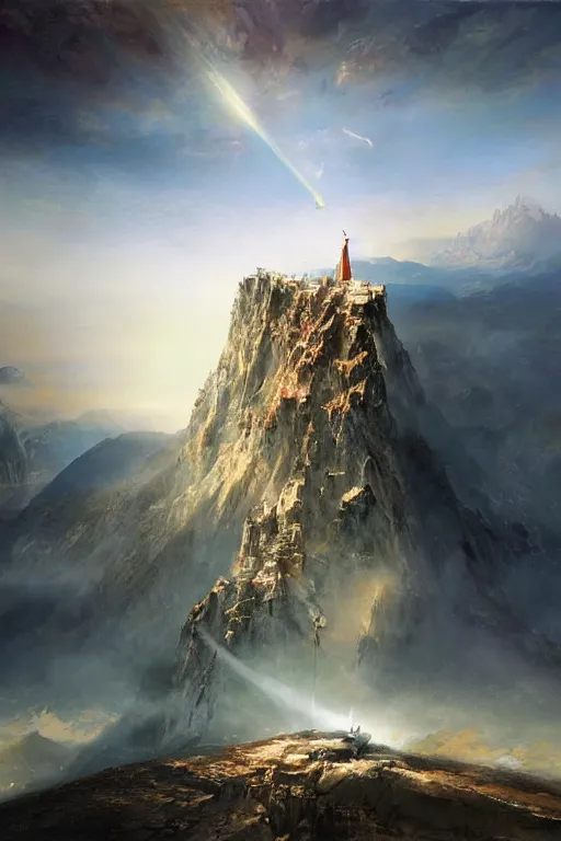 Prompt: from this high rock, from this peak, let the light of worship shine so that the emperor himself might see it from his golden throne., by ryohei hase, by john berkey, by jakub rozalski, by john martin