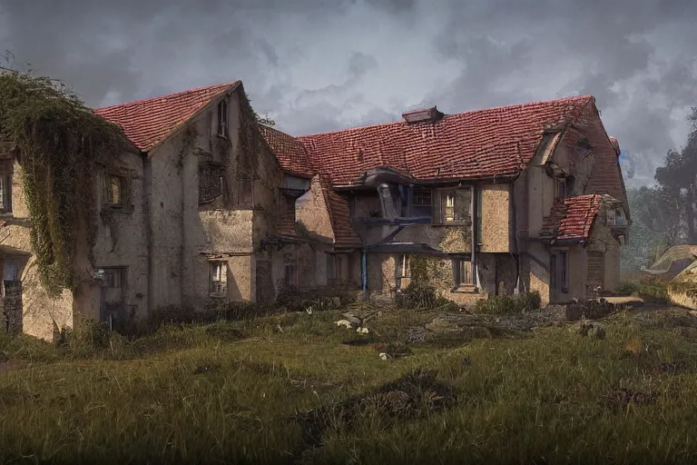 Image similar to cyberpunk, an estate agent listing photo of a 5 bedroom detached house in the countryside, by Beksinski, highly detailed, photorealistic, unreal engine, 8k, anamorphic, cinestill cinematrography