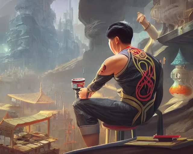 Image similar to an insanely detailed painting of an asian man wearing a homemade superhero costume, sitting at a desk, staring at the nervously at the computer and typing, in the style of peter mohrbacher, dramatic lighting and composition, surreal background, octane render, pixar, trending on artstation, concept art, comic book, view from behind