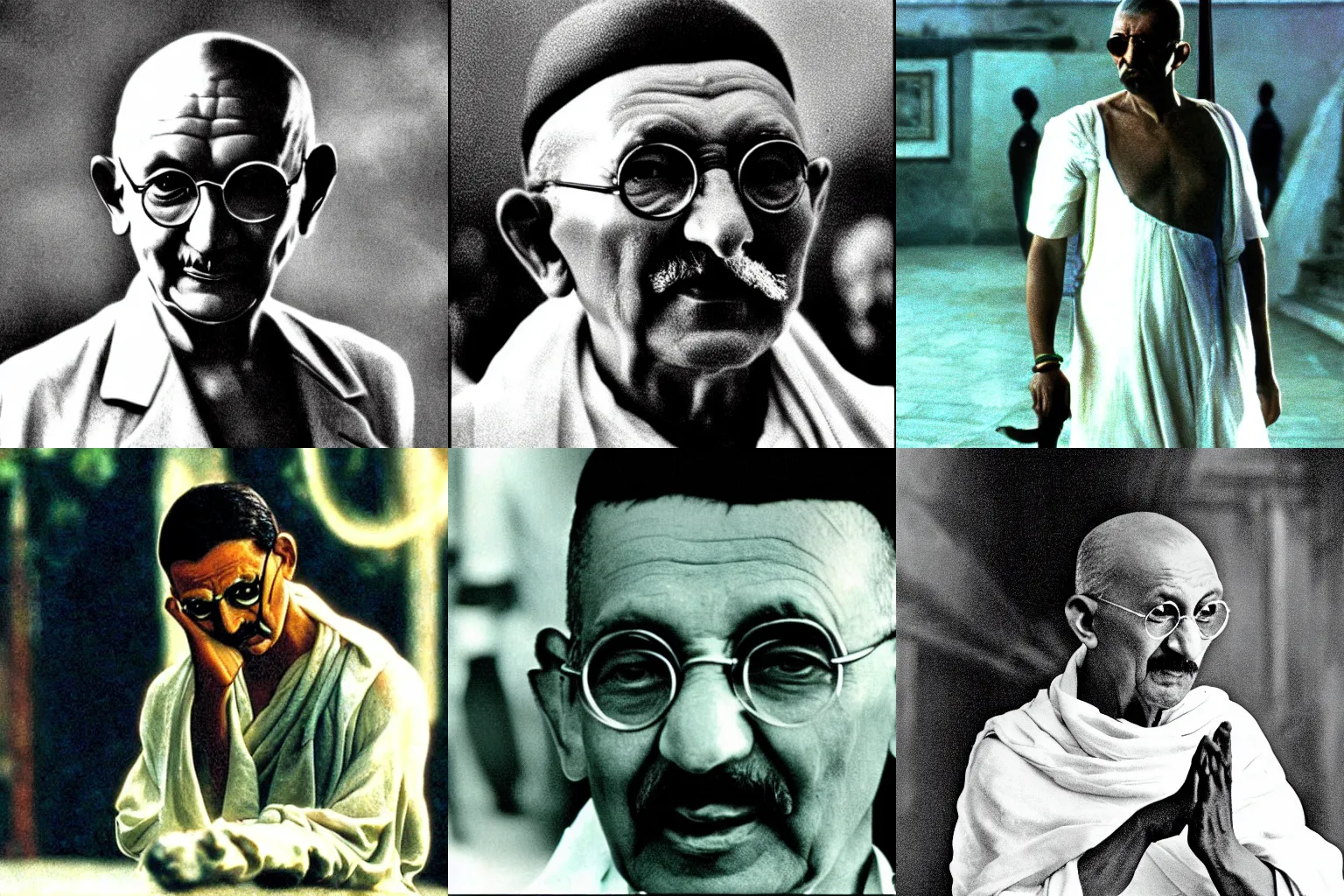 Prompt: Gandhi as Morpheus in The Matrix (1999)
