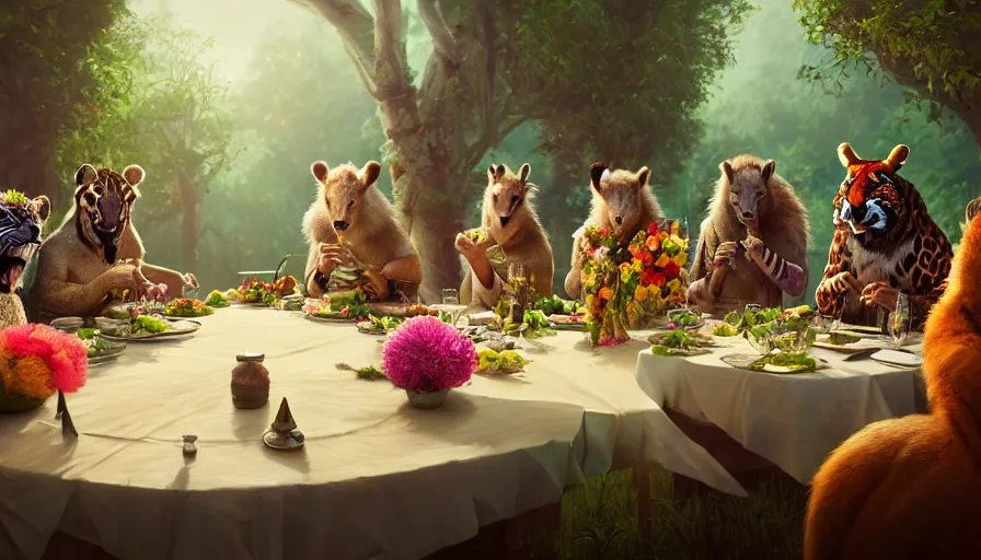 Prompt: a table dinner of exotic animals where animals are dressed like the characters from the midsommar movie wearing flowers, sharp focus, realistic detailed digital art by maxwell boas jessica rossier christian dimitrov anton fadeev trending on artstation cgsociety rendered in unreal engine 4 k hq