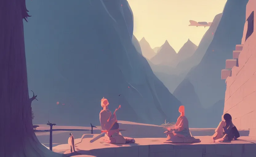 Prompt: an asian peaceful mythical magical scene illustration by atey ghailan and escher and edward hopper