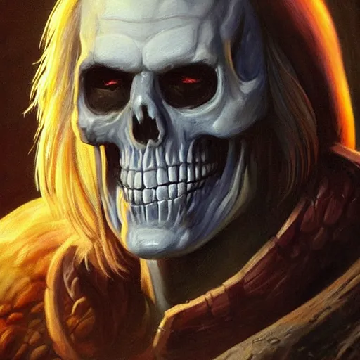 Prompt: ultra realistic portrait painting of skeletor as geralt of rivia, art by frank frazetta, 4 k, ultra realistic, highly detailed, epic lighting