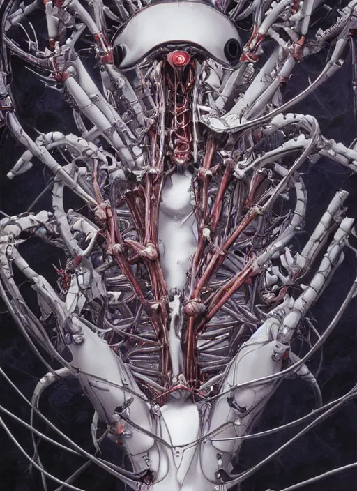 Image similar to Neon Genesis Evangelion by Yoshitaka Amano, by HR Giger, biomechanical, 4k, hyper detailed, hyperrealism, anime, deviantart, artstation