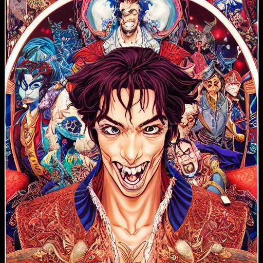 Image similar to portrait of crazy aladdin, symmetrical, by yoichi hatakenaka, masamune shirow, josan gonzales and dan mumford, ayami kojima, takato yamamoto, barclay shaw, karol bak, yukito kishiro