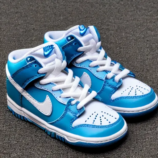 Prompt: a pair of nike dunk baby blue and white