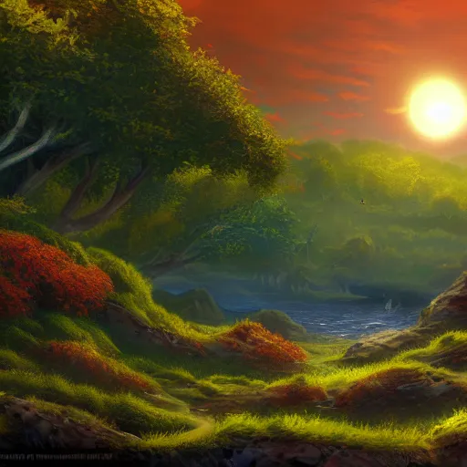 Image similar to always the sun, beautiful strange detailed summer landscape painting 8k resolution deviantart trending on Artstation concept art digital illustration