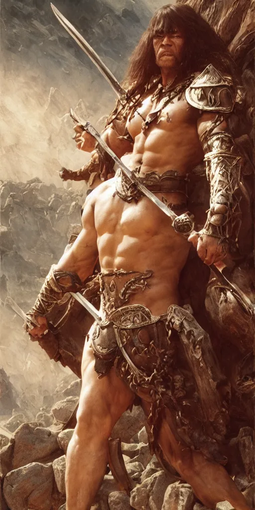 Image similar to conan the barbarian, masterpiece by Edgar Maxence and Ross Tran and Michael Whelan, gustav dore, 8k, octane render