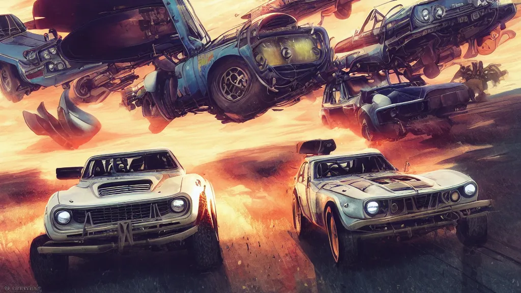 Image similar to anime illustration of mad max's fj 4 0 pursuit special, the last v 8 interceptor driving down to the gates of valhalla highway, riding fury road eternal shiny and chrome, world of fire and blood, by makoto shinkai, ilya kuvshinov, lois van baarle, rossdraws, basquiat, global illumination ray tracing hdr