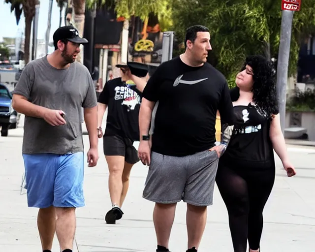 Image similar to fat gamer adam sandler wearing gamer shorts and a goth gf walking in hollywood. espn coverage