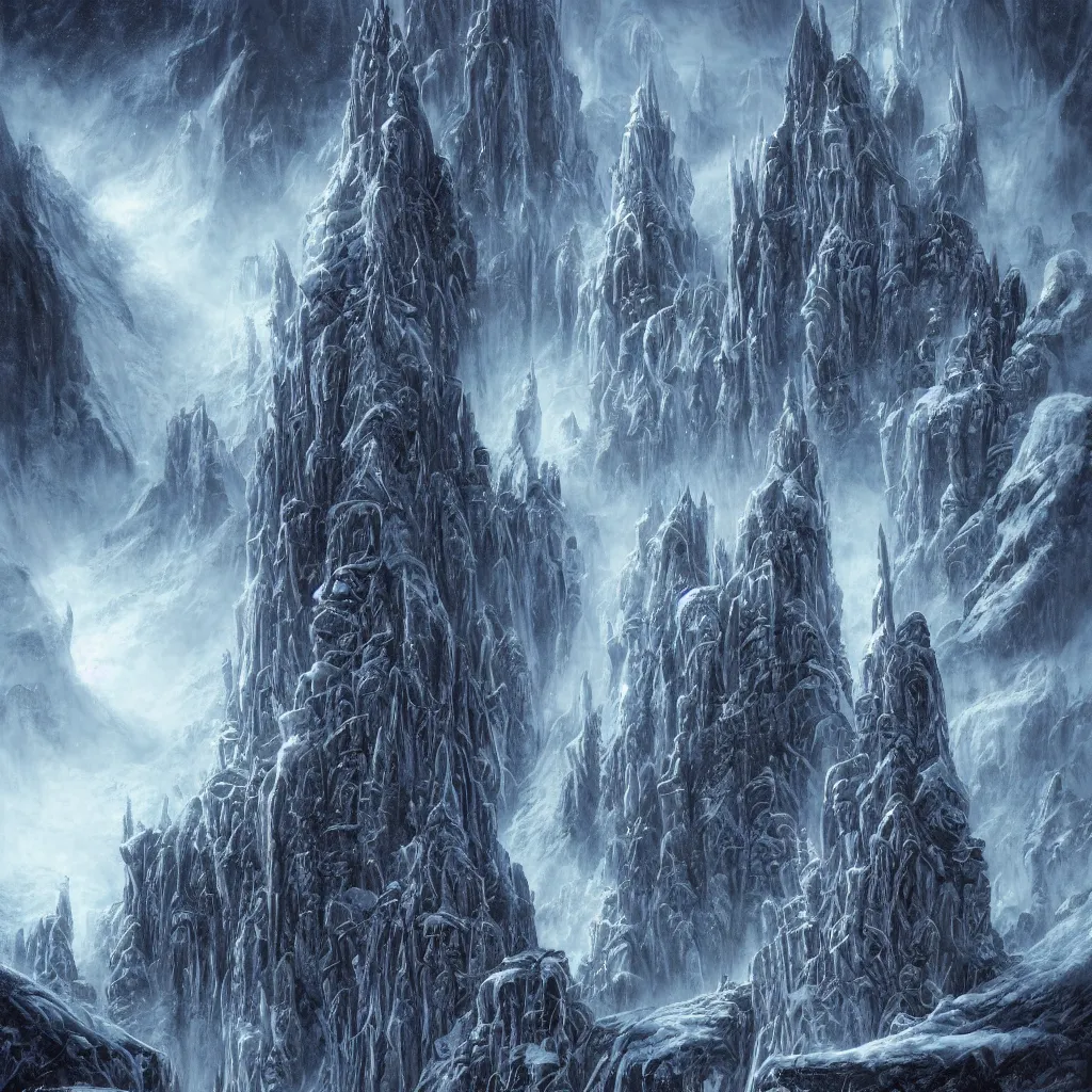 Prompt: frozen ancient alien cityscape in the mountains of antarctica, upward cinematic angle, by rodney matthews, michael kaluta, and john byrne, fantasy art, evil atmosphere, winter night aesthetics, stunning composition, alien faces, monstrous behemoth statues, intricate, strange, elegant, digital art, hyperdetailed towers, colorful hyperrealism, brilliant photorealism, masterpiece, 8k