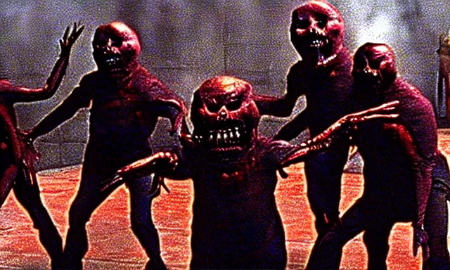 Image similar to full - color cinematic movie still from a 1 9 8 7 horror film by clive barker featuring cenobites welcoming people to the hellish underworld. creepy ; terrifying.