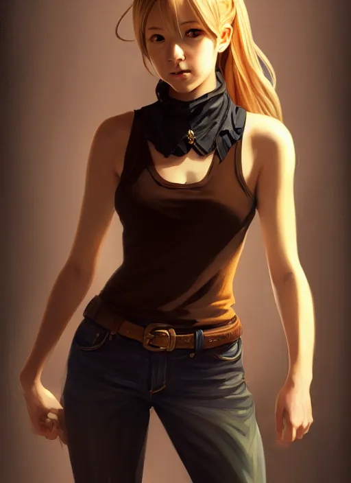 Image similar to portrait of a full body of beautiful young female detective, d & d, sleeveless turtleneck, fantasy, flat lighting, intricate, highly detailed, digital painting, artstation, concept art, smooth, sharp focus, illustration, misa amane, art by simon bisley and greg rutkowski and alphonse mucha, natural tpose