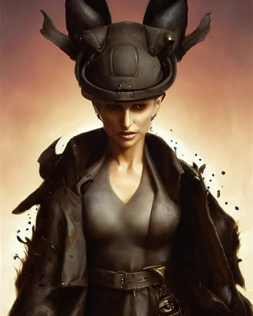 Image similar to beautiful fantasy character portrait, natalie portman, wearing oversized black trench coat, ultra realistic, wide angle, dramatic lighting, vultures, cyberpunk artifacts, highly detailed by peter mohrbacher, hajime sorayama, wayne barlowe, boris vallejo, aaron horkey, gaston bussiere, craig mullins