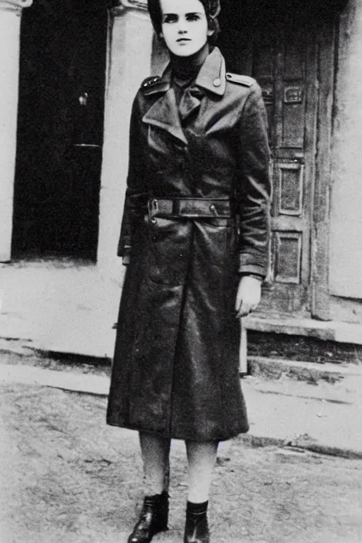 Image similar to photograph of soviet commissar, comrade emma watson, standing in a long leather coat, vintage revolution photograph, famous photo from kgb archives