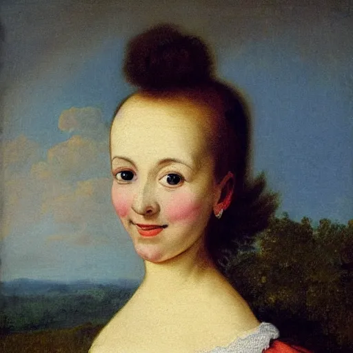 Prompt: portrait of a young woman with a happy face in the year 1700 by the french painter Pierre Gobert