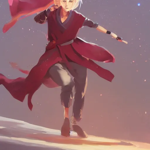 Image similar to full body portrait of a girl sorcerer with white hair in a hairbun, she is wearing a thin subtle red scarf around her neck, she is holding a large wand. cgsociety masterpiece, artstation trending, by rossdraws, ghibli, kimi no na wa, greg rutkowski, simon stalberg, greg manchess