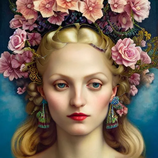 Image similar to centered portrait composition, woman with blonde hair full of spring flowers wearing ornate earrings, ornate gilded details, pastel colors, a surrealist painting by tom bagshaw and jacek yerga and tamara de lempicka and jesse king, wiccan, pre - raphaelite, featured on cgsociety, pop surrealism, surrealist, dramatic lighting