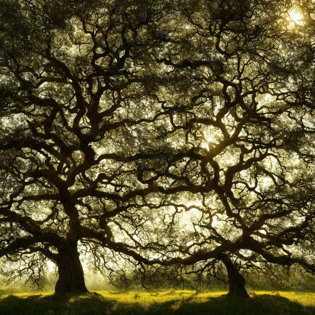 Image similar to old oak in four seasons of the year, the tree is growing on a meadow, cinematic lighting, photo realistic image, 4K, super detailed, cinematic look