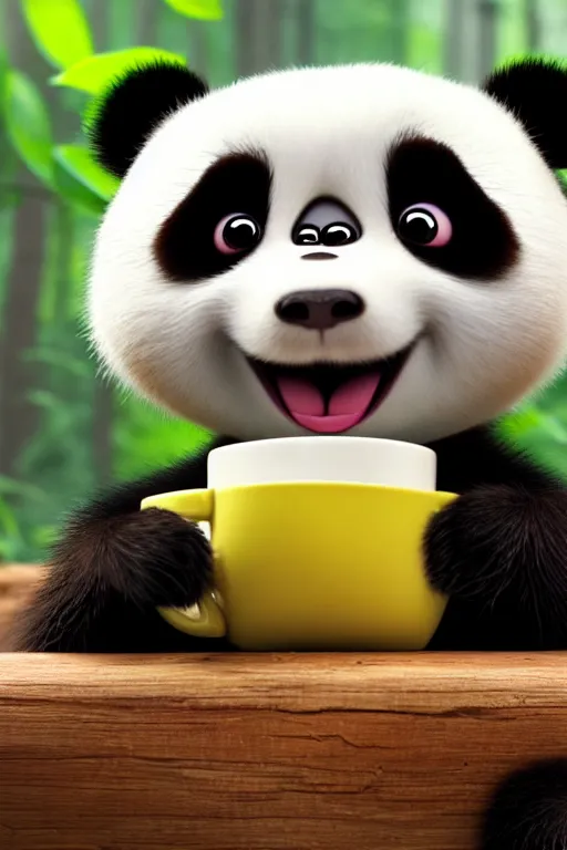 Image similar to a cute panda with big eyes looking at a cup of coffee in the forest. Pixar Disney 4K 3d render funny animation movie Oscar winning trending on ArtStation and Behance. Ratatouille style.