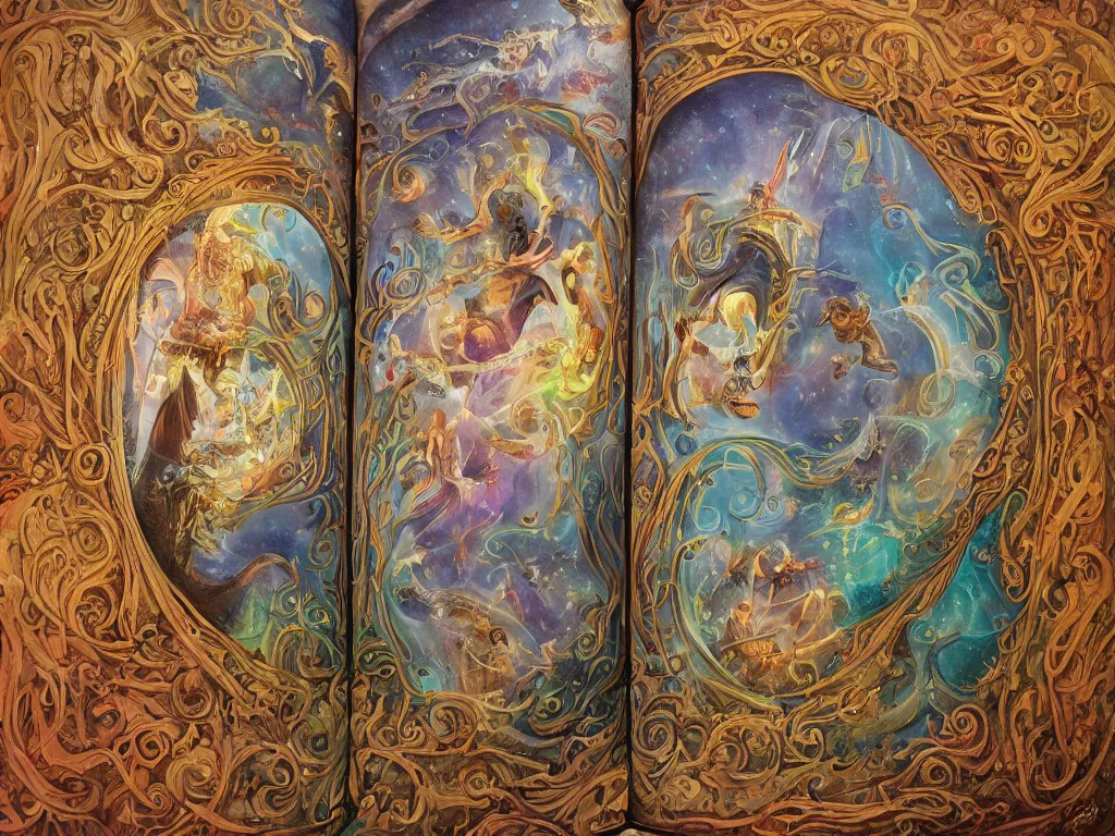 Image similar to detailed painting of a magical book that is a portal to a fantasy realm