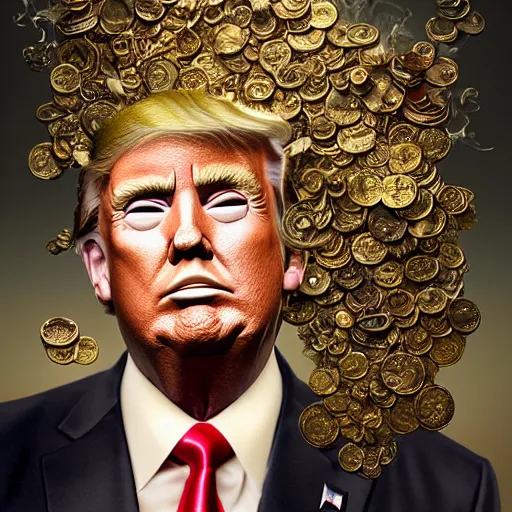 Prompt: a beautiful detailed 3 d matte portrait of donald trump, by ellen jewett, by tomasz alen kopera, by justin gerard, ominous, magical realism, texture, intricate, skull, skeleton, gold coins, money, whirling smoke, alchemist bottles, radiant colors, fantasy, volumetric lighting, high details
