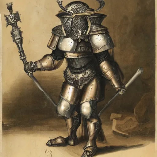 Image similar to a minotaur wearing plate armor and holding a mace