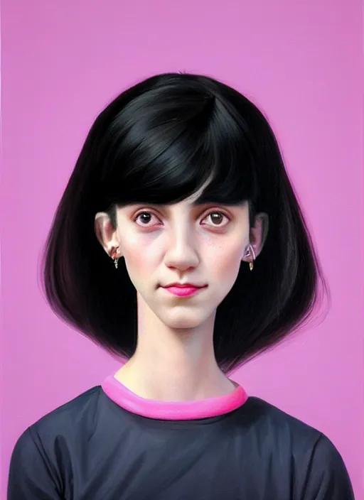 Image similar to portrait of teenage girl, narrow face, black hair, bangs, half updo hairstyle, pointy nose, skinny, smile, unattractive, defined jawline, big chin, pink hair bow, earrings, intricate, elegant, glowing lights, highly detailed, digital painting, artstation, sharp focus, illustration, art by wlop, mars ravelo and greg rutkowski