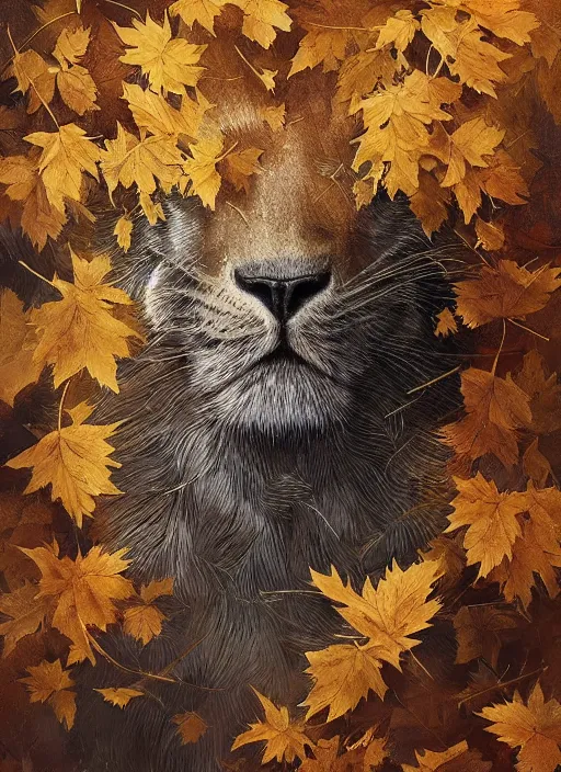 Image similar to golden leaves at frame border, creative!!! composition for a book cover, absurdly beautiful, ultrafine hyperrealistic detailed animal face by wlop and artgerm and greg rutkowski, intricate linework, sharp focus, smooth, octopath traveler, final fantasy, unreal engine, dramatic lighting, ethereal, 8 k