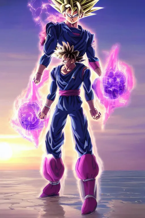 Image similar to goku robotic clothes in the beach purple sun, pink lighting ultra realistic photorealistic highly detailed high quality, a stunningly, digital painting, artstation, concept art, smooth, sharp focus, illustration, art by artgerm and greg rutkowski and alphonse mucha 8 k