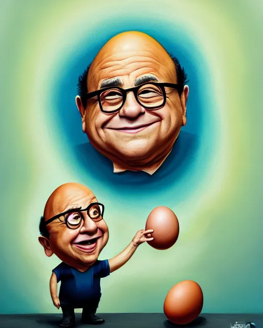 Image similar to painting portrait of danny devito as an egg, cartoon, warm lighting, danny devito has an egg body, movie poster, illustration by bartek fedyczak, erak note, tooth wu, neil richards, kan liu, siwoo kim, jisu choe, trending on art station