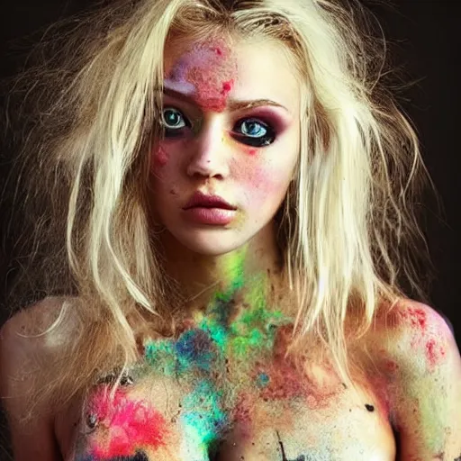 Image similar to astonishingly beautiful woman in tattered clothes revealing body, blonde hair, make up, vivid colors