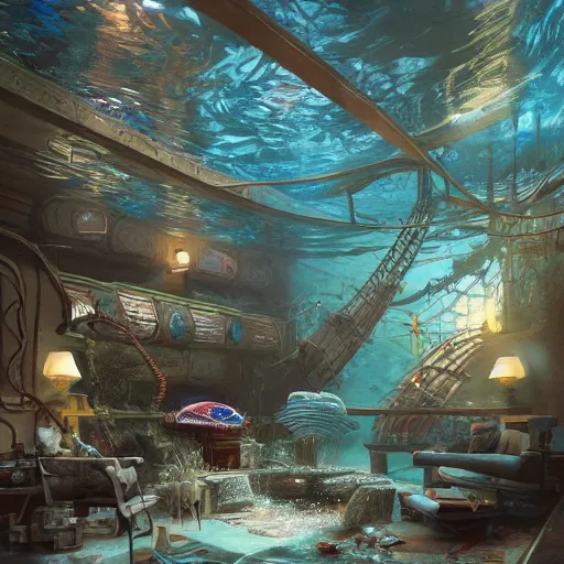 Image similar to underwater spy mansion, grand obsessive compendium. intricate artwork, by tooth wu, wlop, beeple, dan mumford. concept art, octane render, trending on artstation, greg rutkowski very coherent symmetrical artwork. cinematic, key art, hyper realism, high detail, octane render, 8 k, iridescent accents