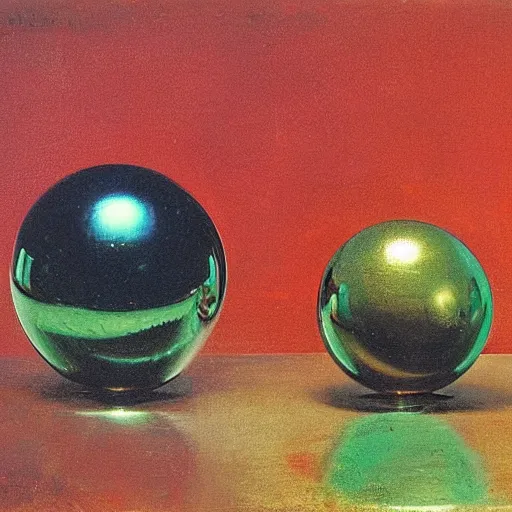 Prompt: chrome spheres on a red cube by frederic edwin church